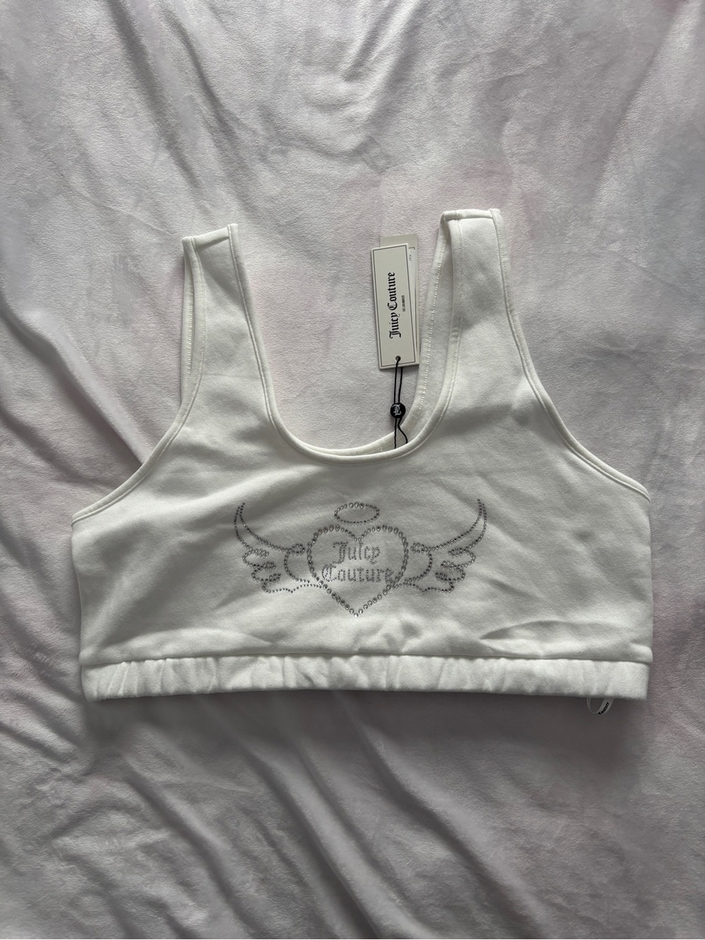 Juicy Couture White Cropped Tank Bra with Rhinestone Heart Wing Logo